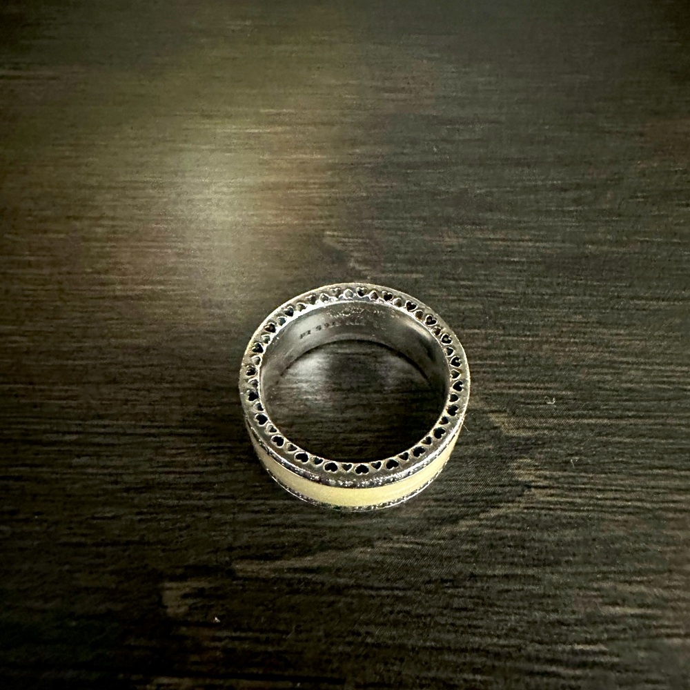 Pandora ring, size 8, 5mm width, cream enameled, sterling silver, heavy duty